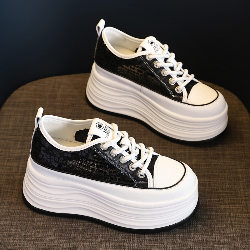 Giày sneaker nữ đế dày lót lưới thoáng khí phối sequin trắng dễ phối đồ — Màu đen