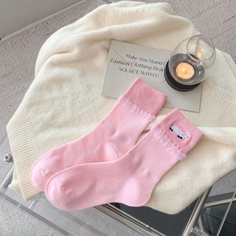 Calcetines de invierno con diseño de perro salchicha, combinación de colores, cálidos y con borde de felpa.