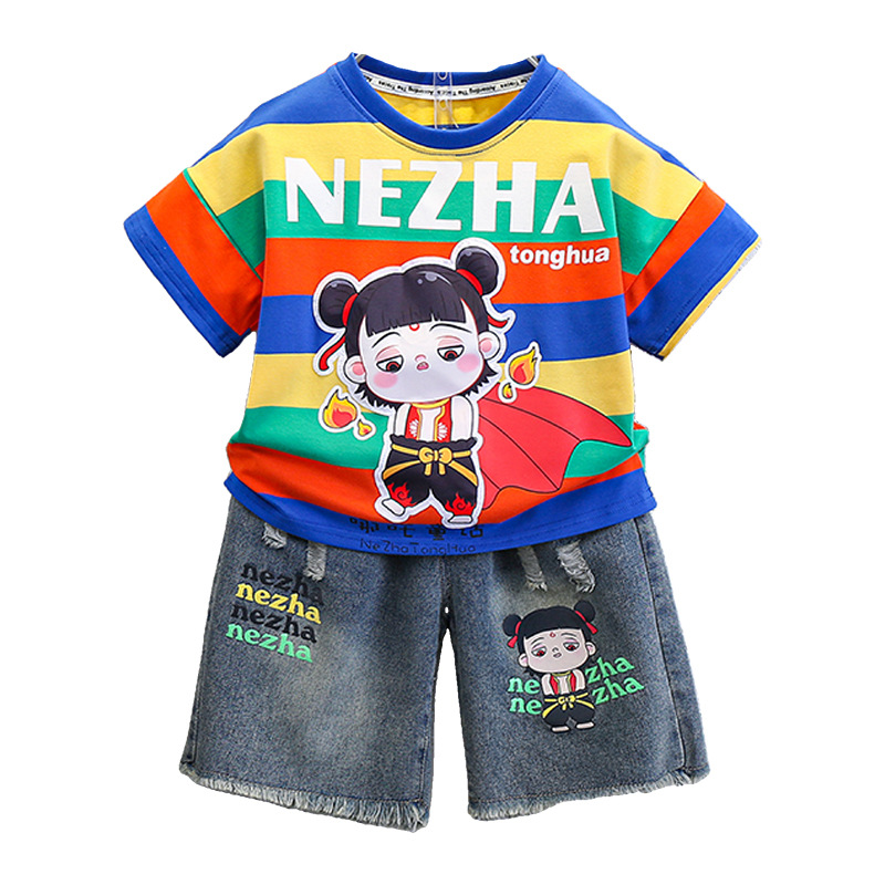 7235 Traje atractivo para niños Ropa Nezha de verano para niños 2025 nuevos pantalones cortos de mezclilla de dibujos animados de manga corta para bebés