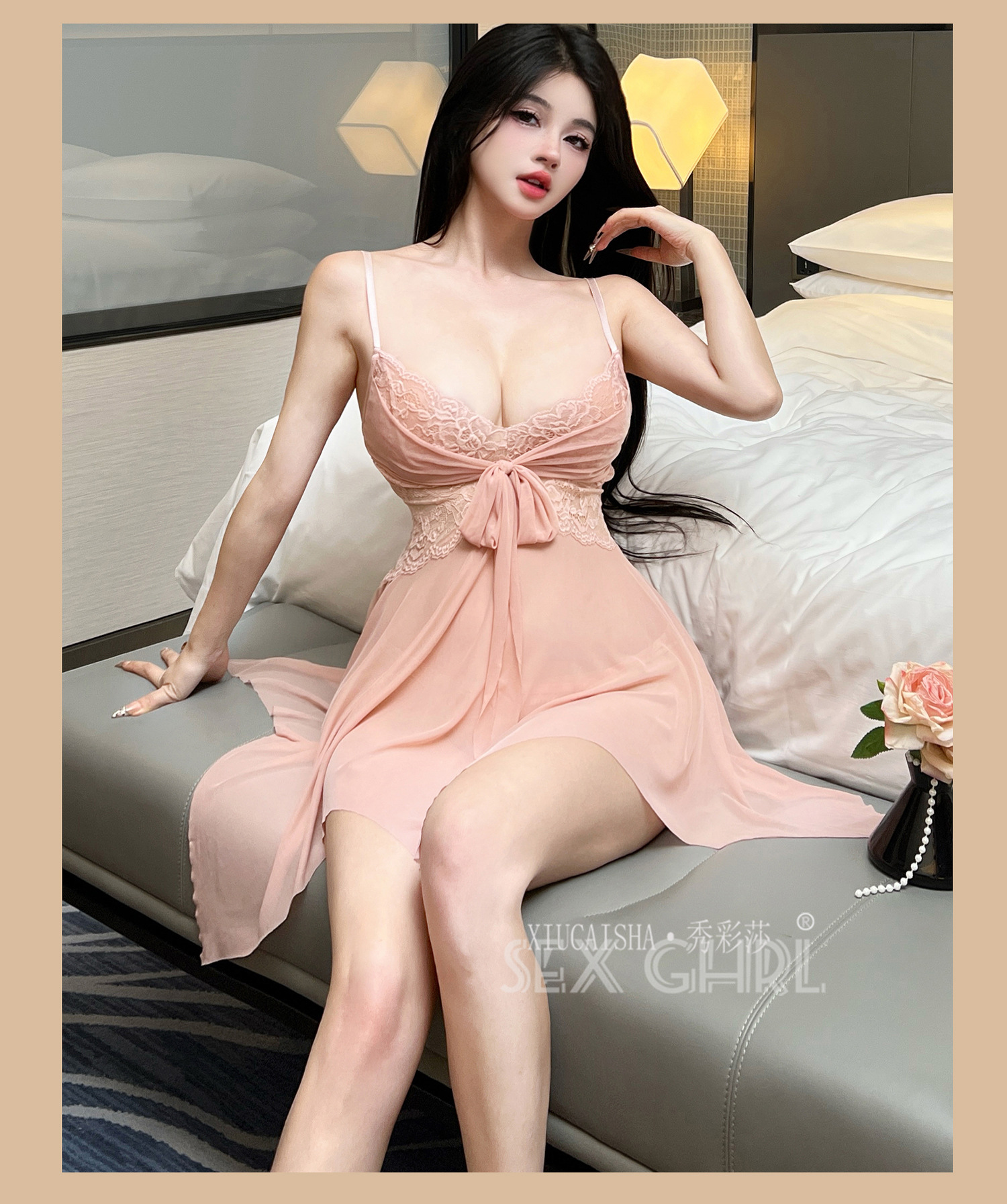 Lace Mesh Babydoll Nightgown Set with Thong and Open-Crotch Stockings, Black One Size — detail image 10