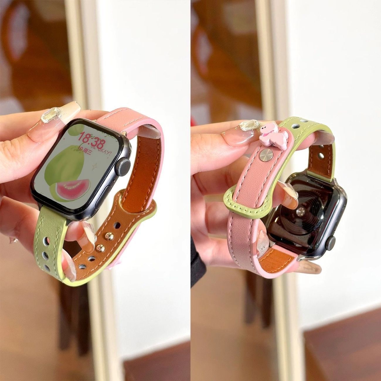 Suitable for Apple Applewatch89 Double Stud Thin Strap Fashion Color Patchwork Small Man Waist Leather Wristband in stock