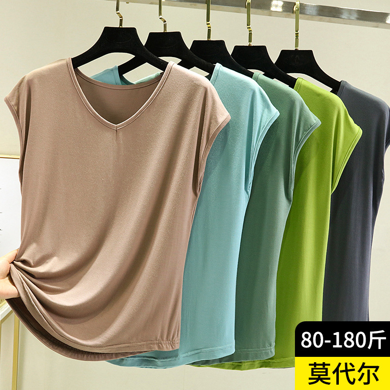 Loose V Neck Short-Sleeved Women's Summer Large Size Thin Casual Sports Top Modal Home Sleeveless Vest Bottoming Shirt