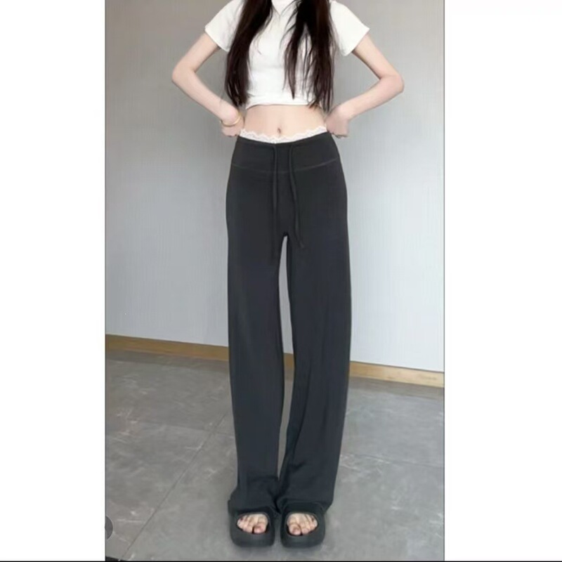 Lace wide-leg pants, spring/autumn women's low-waist straight-leg floor-length pants, extended casual pants, lace-trimmed athletic pants, drawstring pants Lace wide-leg pants, spring/autumn women's low-waist straight-leg floor-length pants, extended casual pants, lace-trimmed athletic pants, drawstring pants