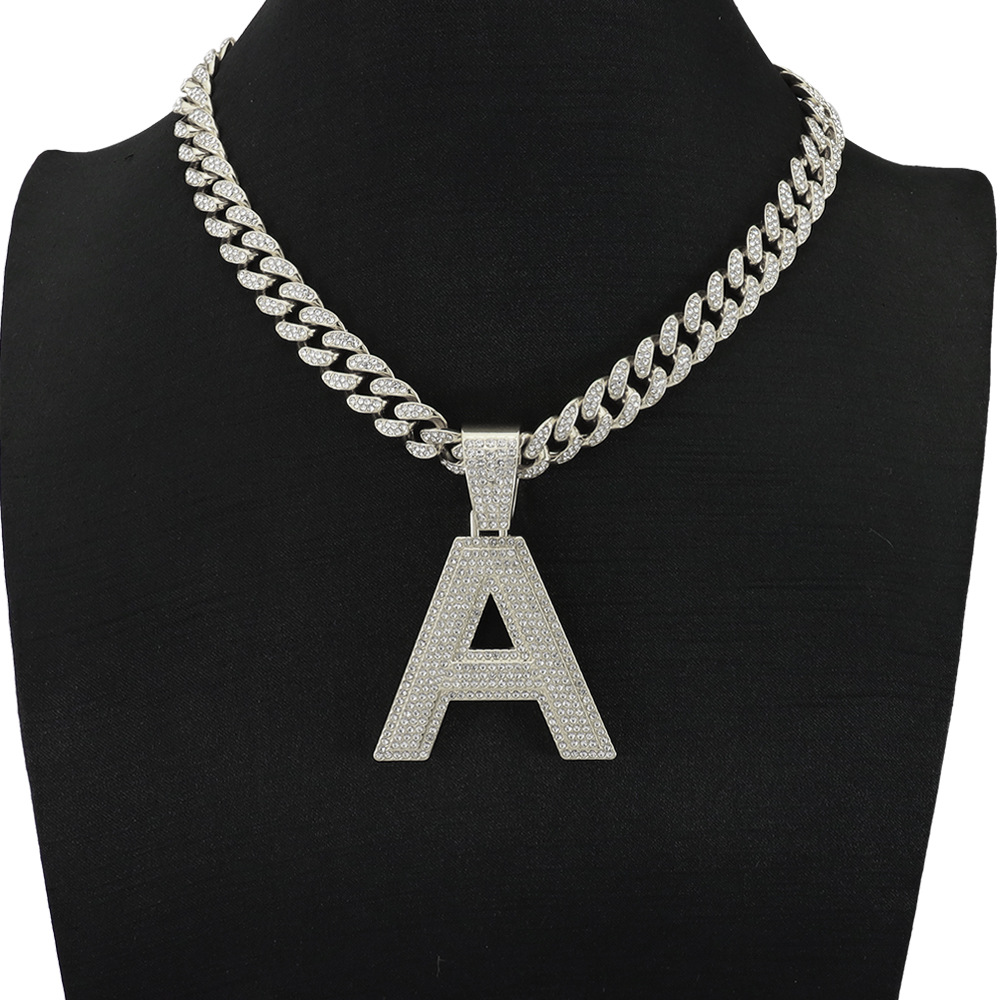 Pendant Necklace Classification Alloy Chain Material Full Diamond Capital English Letter A Pendant Cuban Link Chain Necklace Men's Cool Hip Hop Style Disco Hip Hop Clavicle Chain