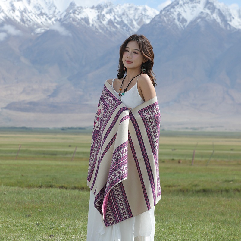 New ethnic style double-sided i mitation cashmere warm shawl for travel, fashionable outerwear cloak, versatile women's_voghion.com