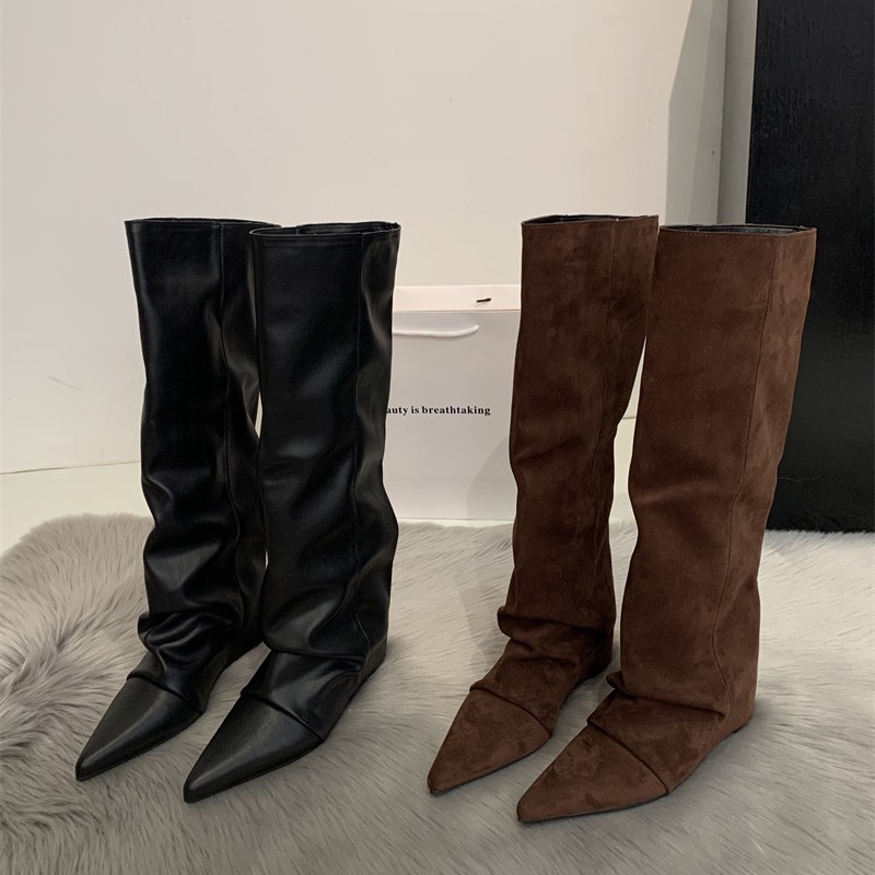 Pointed-Toe Women's Boots with 7cm Hidden Heel, 2025 New Model, Matte Wide-Leg Riding Boots, Knee-High Boots