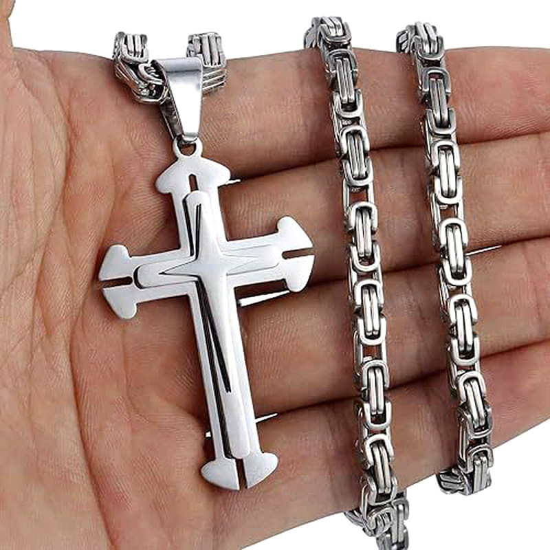 Pendentif croix en titane, trois couches, stéréo, style hip-hop européen et américain, en acier inoxydable cubain, collier carré pour homme_voghion.com