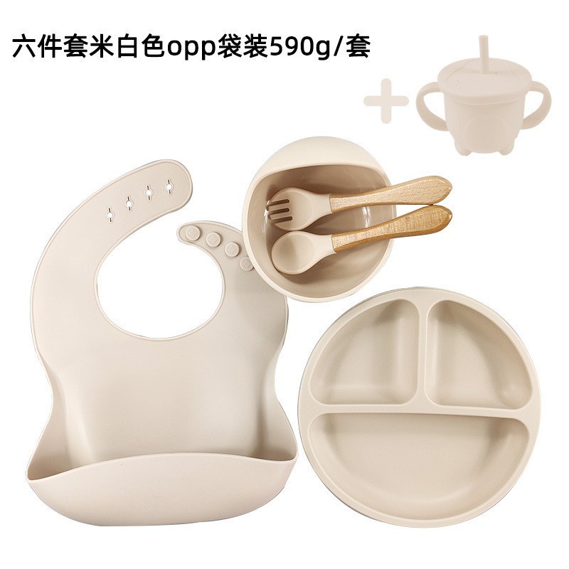 Amazon bebé vajilla de silicona alimentación 6 piezas traje de comida complementaria comer babero lechón tazón tenedor cuchara vajilla de silicona