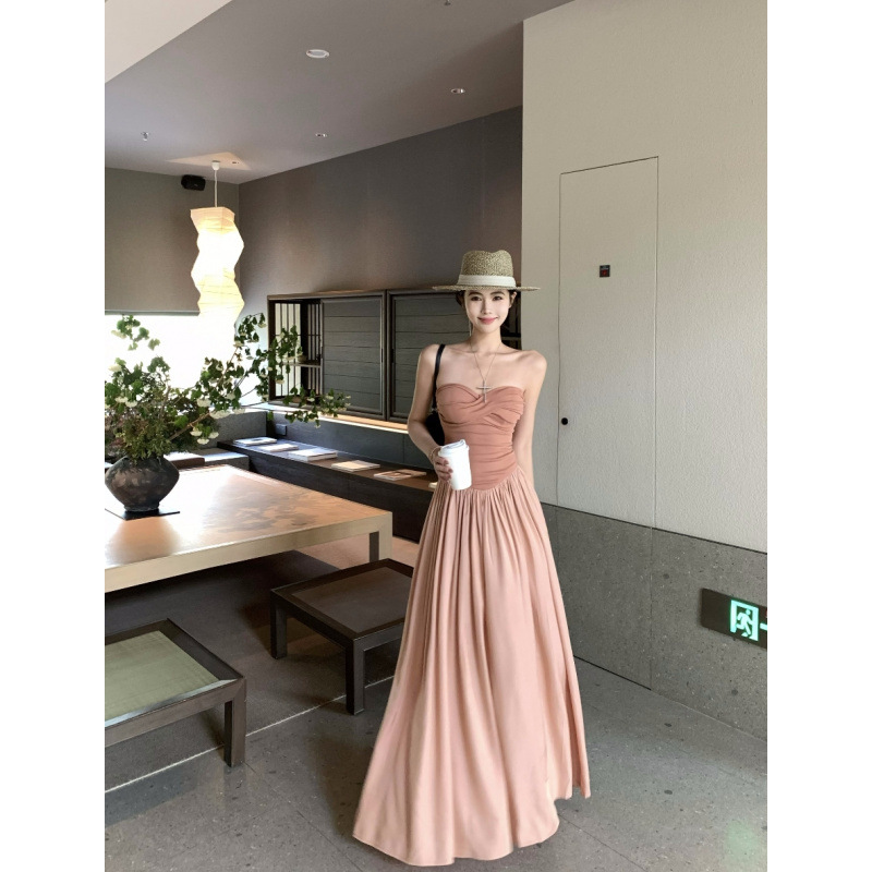 Pink dress French High-end Evening Dress Beautiful Waist Vacation Long Dress Elegant Strapless Dress for Women