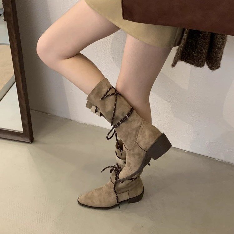 复古粗跟棕色绒面中筒堆堆靴女2025年新款瘦瘦靴春秋单靴西部短靴|undefined