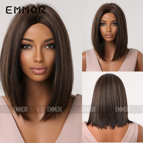 Amazon Cross-border wig for Europe and America, medium-length black highlighted straight hair bob wave shiny high-temperature silk full head wig