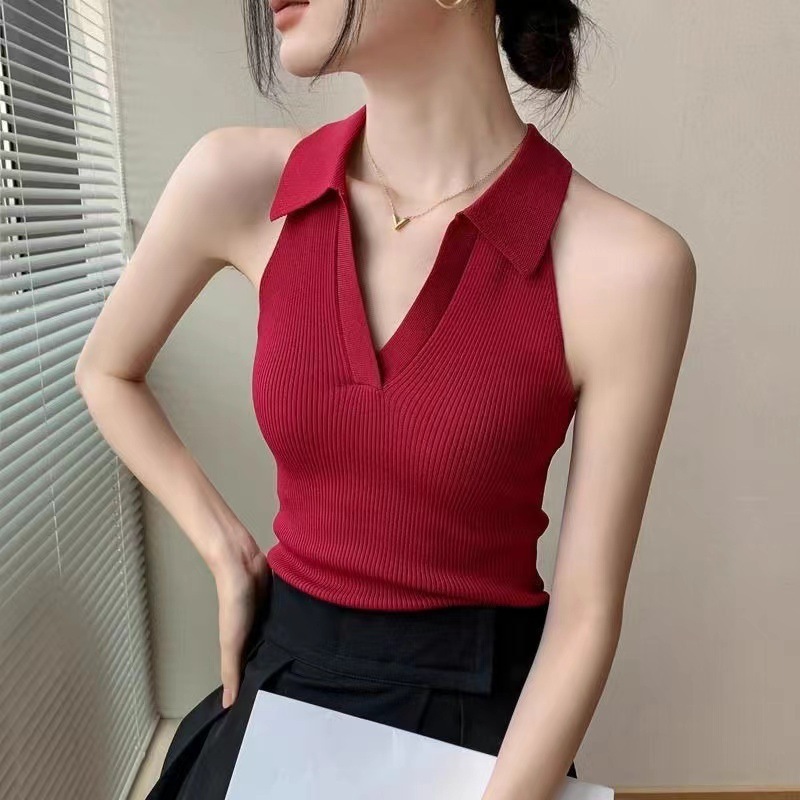Lapel Sleeveless Top for Women 2025 Summer New High-End Niche Slim T-Shirt Sweet and Spicy Halter V-Neck Knitwear Manufacturer