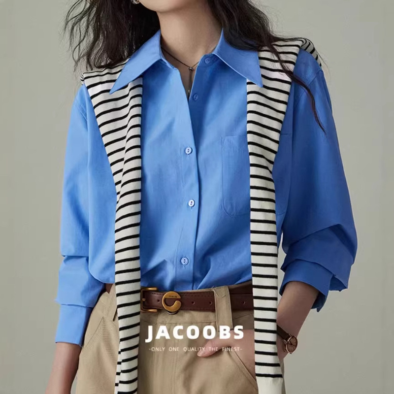 Yake's Shirts Can Be Worn in All Seasons! Klein Blue French-Style Airy Professional Workwear Slightly Loose Long-Sleeve Shirt Yake's Shirts Can Be Worn in All Seasons! Klein Blue French-Style Airy Professional Workwear Slightly Loose Long-Sleeve Shirt