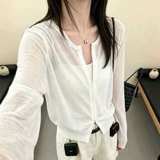 白色双拉链长袖针织开衫女夏季高级感宽松洋气减龄防晒开衫上衣