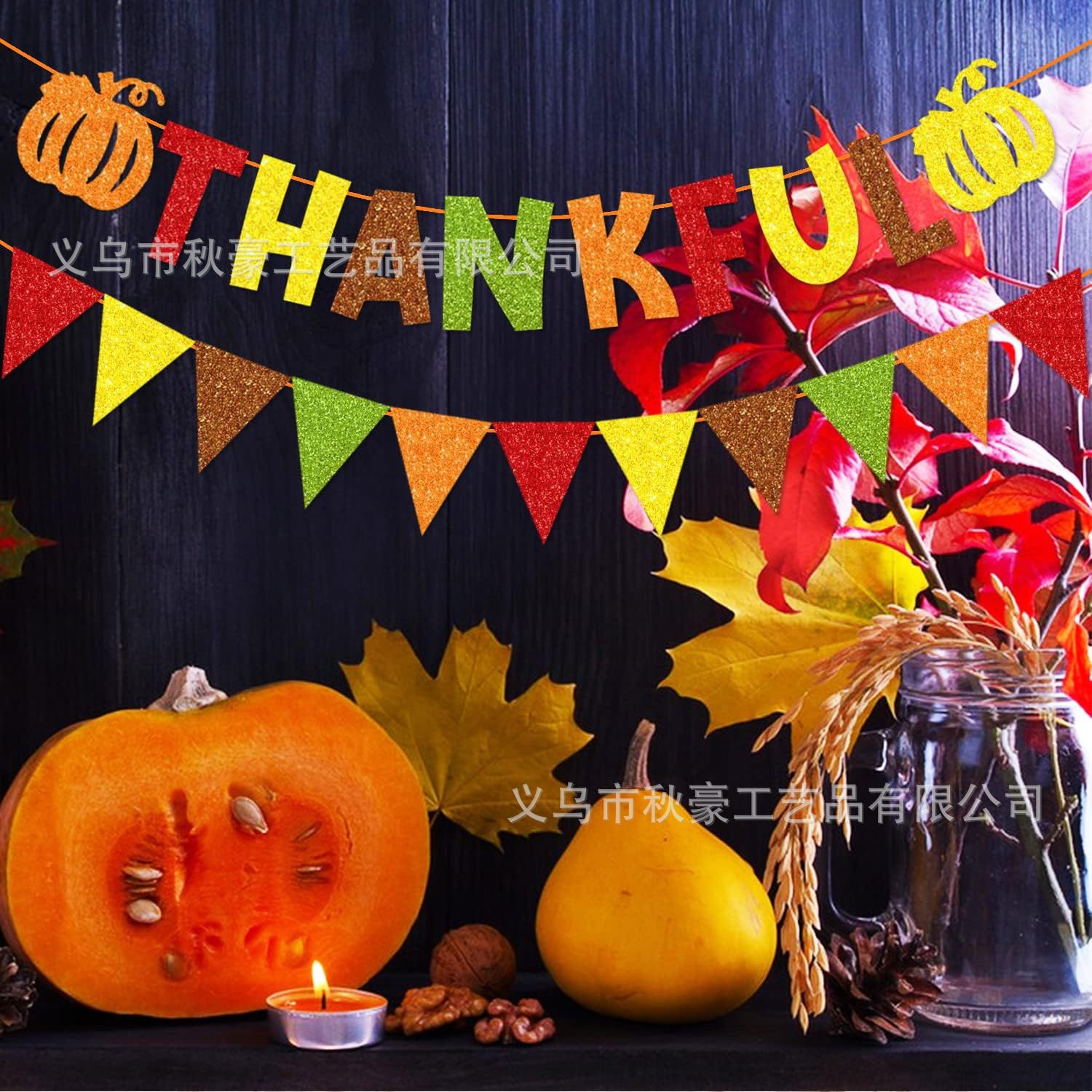 Banner de acción de gracias intermitente con logo de hoja de arce de calabaza banderín de acción de gracias cosecha feliz de otoño