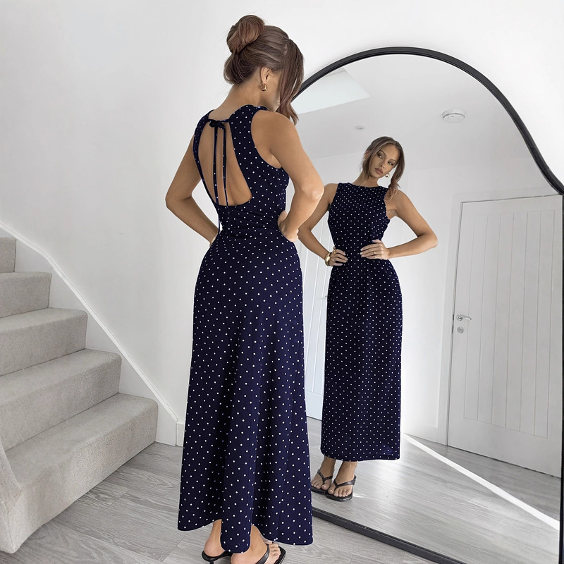 Women's Brown Polka Dot Round Neck Sleeveless Backless Tie Slim Elegant Retro Sexy Style Dress Wholesale