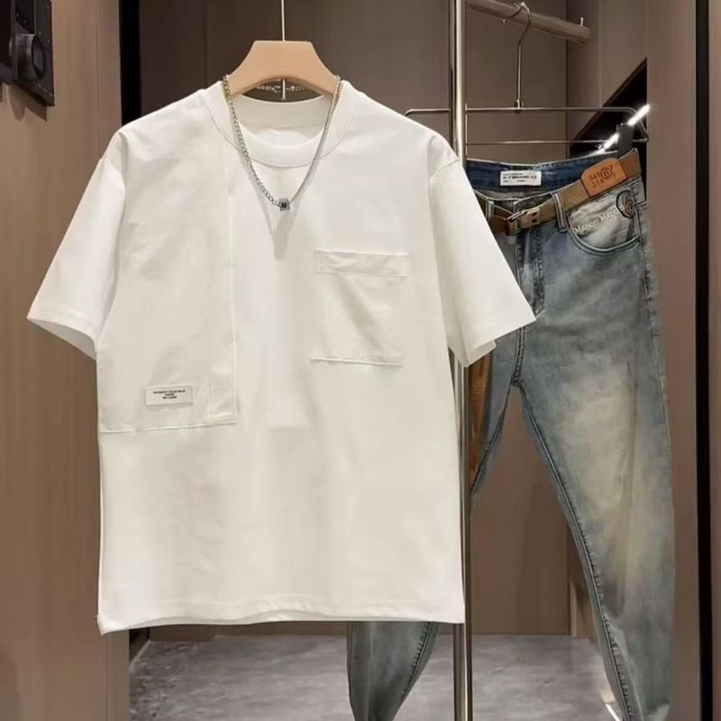 2025 新ポケットラウンドネックトレンディなブランド夏ルーズカジュアル Tシャツ半袖メンズスプライシングデザイン無地|undefined