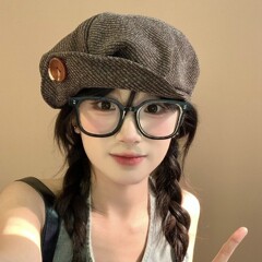 灯芯绒纽扣翻檐贝雷帽女春秋季美拉德大头围八角帽显脸小画家帽子