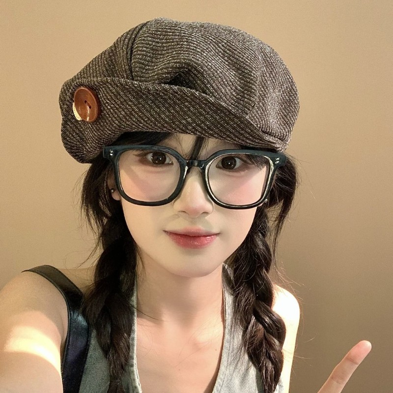 灯芯绒纽扣翻檐贝雷帽女春秋季美拉德大头围八角帽显脸小画家帽子|undefined