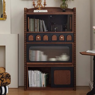 French Solid Wood Bookcase Living Room Antique Style Retractable Corner Sideboard Storage Display Integrated Storage Cabinet Against the Wall