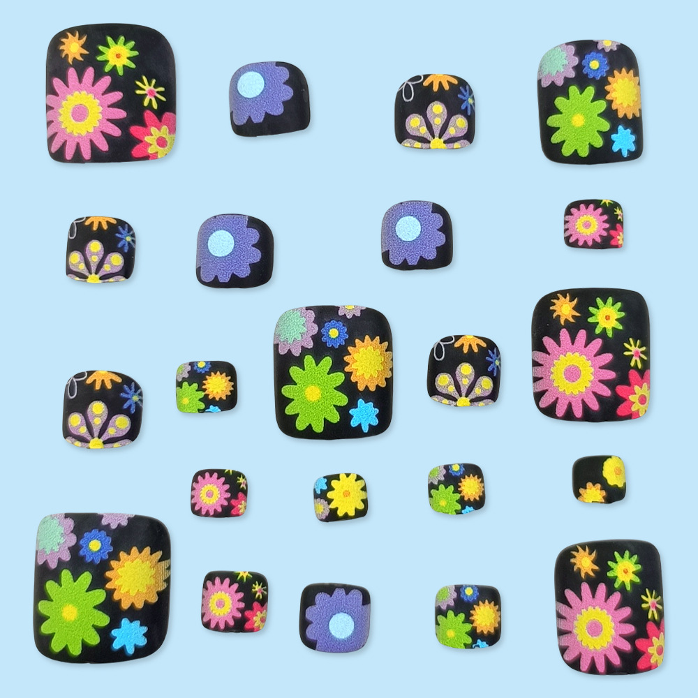 Venta caliente transfronteriza parche de uñas desmontable verano colorido uñas de flores 24 piezas de uñas negras