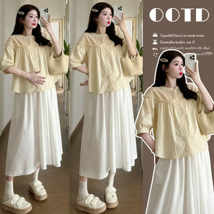 Maternity 2025 Summer New Gentle Sweet Loose Elegant Shirt Skirt Two-piece Maternity Dress