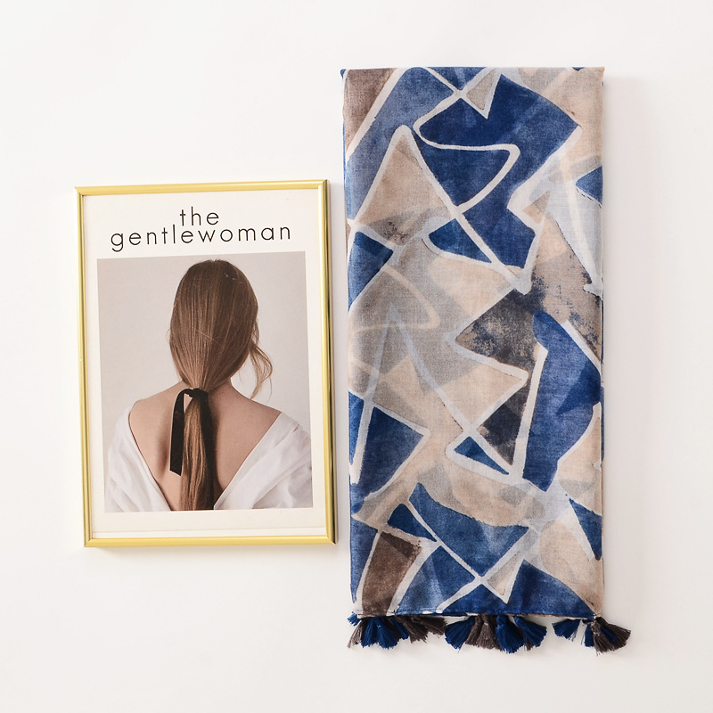 Comercio exterior transfronterizo algodón y lino pintado a mano bufanda de seda piedra pintado a mano contraste color patrón geométrico borla bufanda viaje protector solar toalla de playa