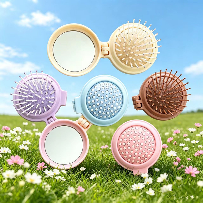 Folding Airbag Small Comb with Makeup Mirror, Cute Portable Air Cushion Head Massage Comb and Mirror Combo for Girls, Cross-Border