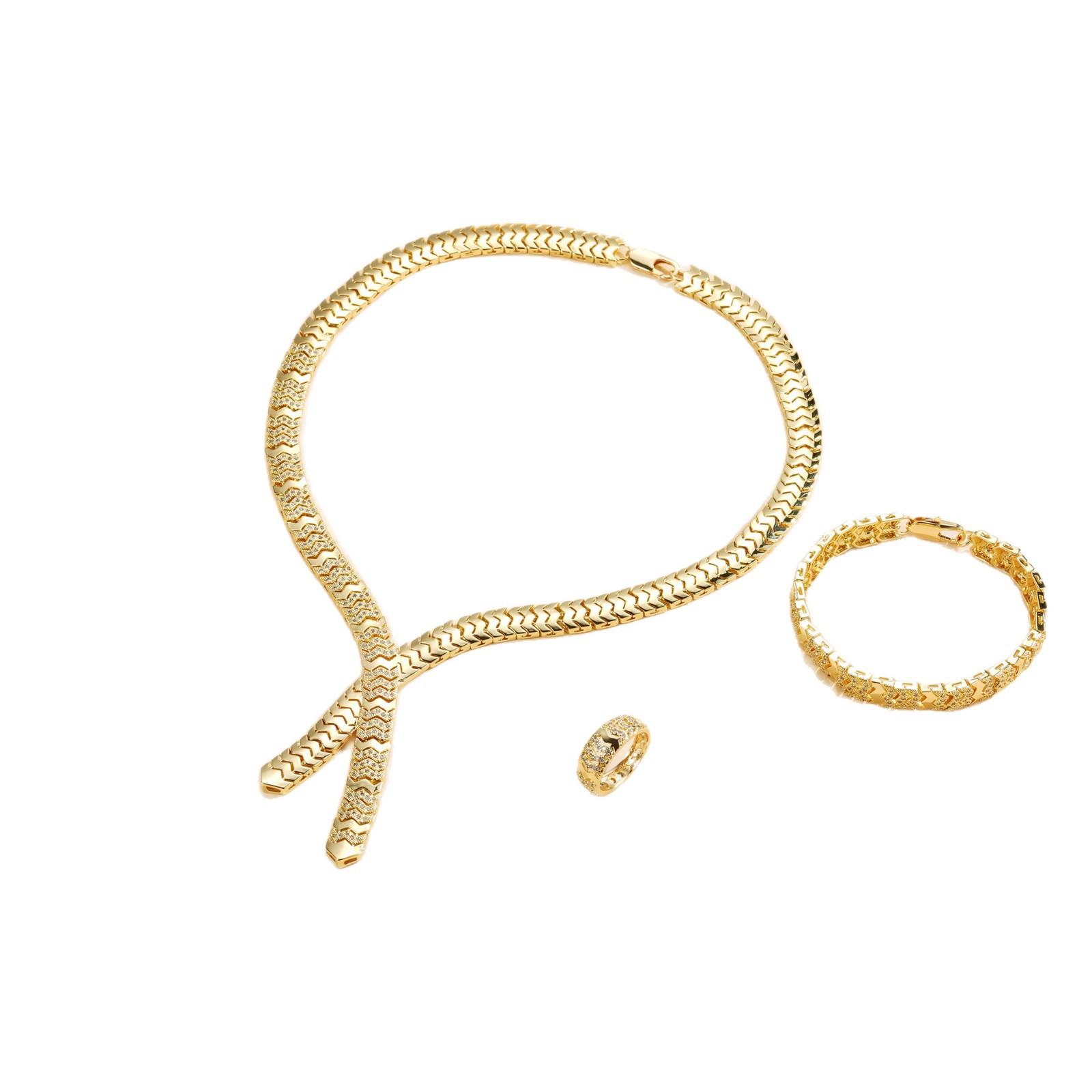 Diseño de lujo ligero transfronterizo conjunto de joyería de alta gama collar de mujer pendientes de bronce 14K anillo brazalete conjunto de cuatro piezas