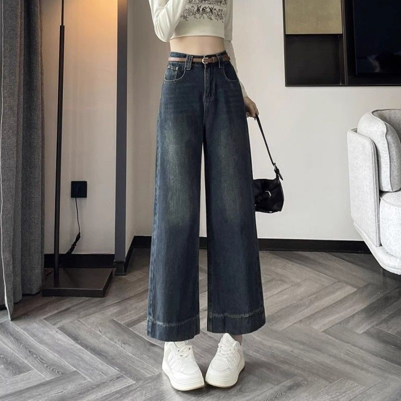 Vintage Blue Wide-Leg Jeans for Women, Spring and Summer Trendy Petite Cropped Slimming Drape Soft Loose Straight Pants