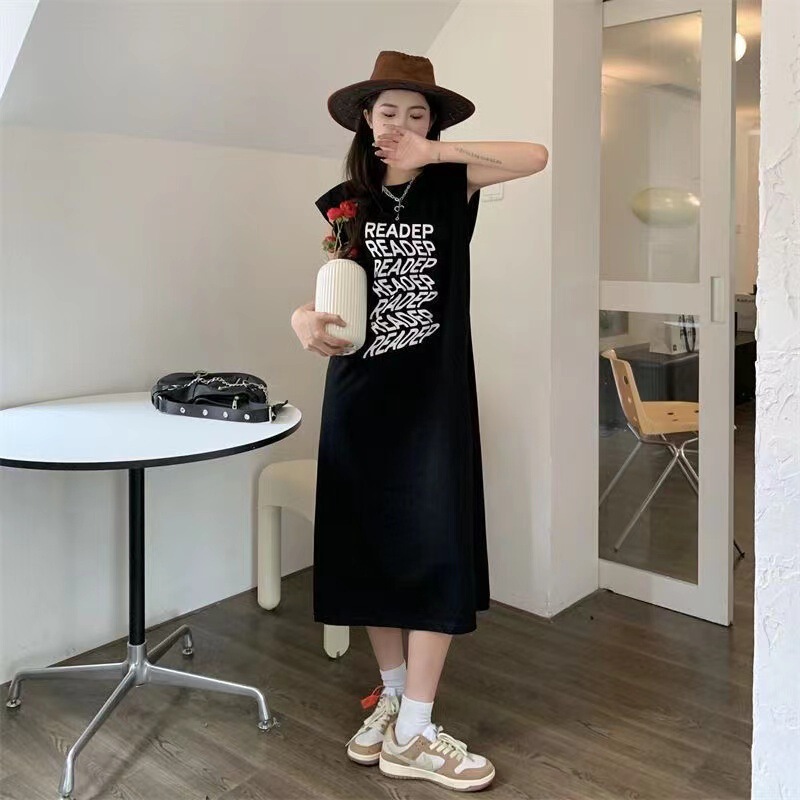 South Korea simple summer sleeveless T-shirt personalized letter dress simple printed top vest skirt simple fashion