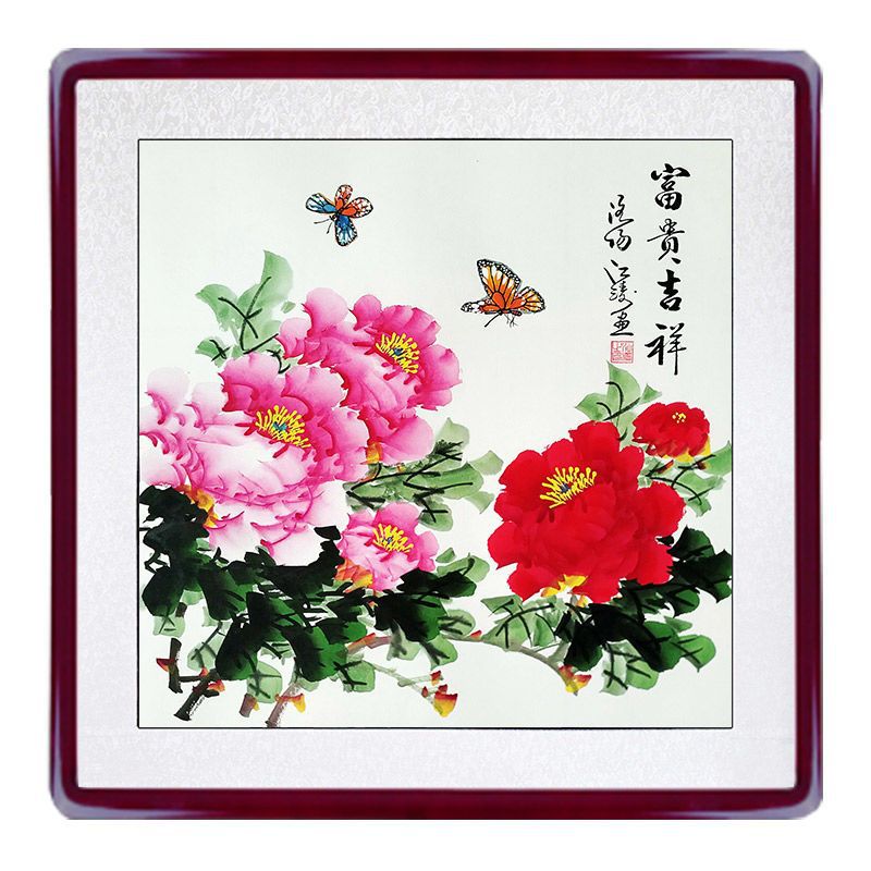 入户门卧室玄关餐厅国画花鸟装饰挂组合斗方洛阳手绘牡丹画纯手工