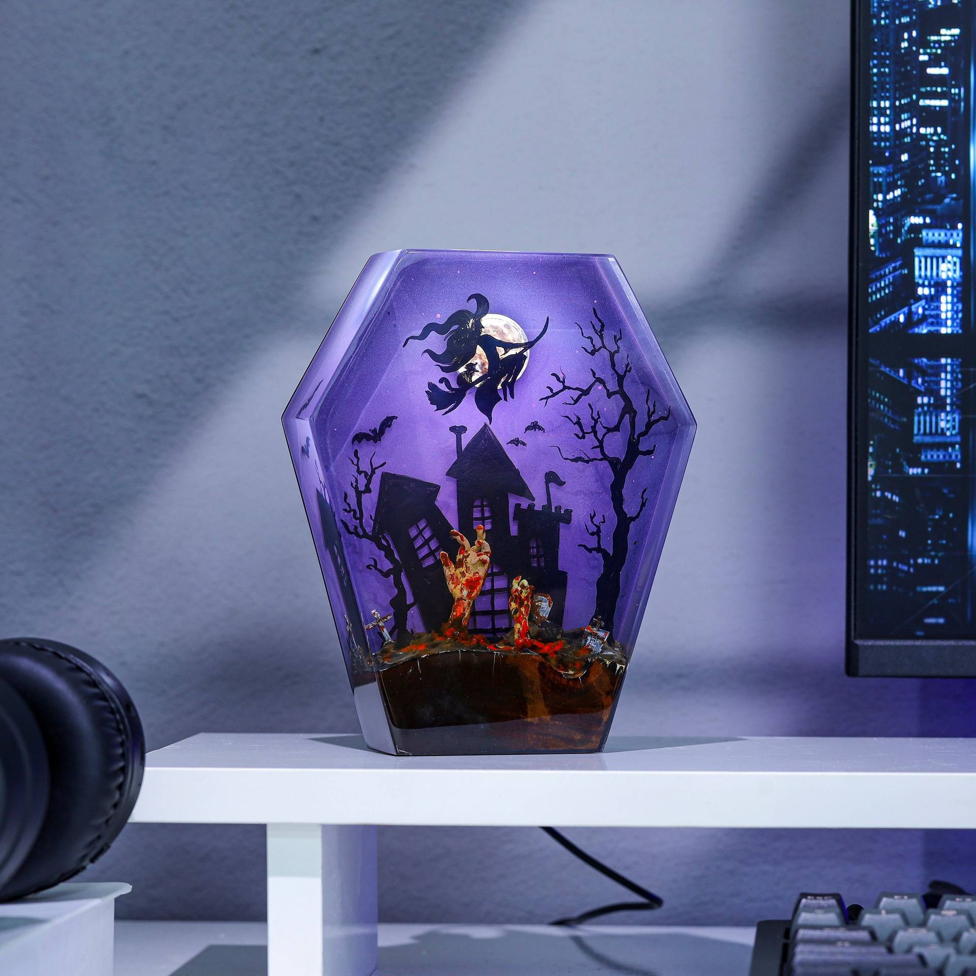 Halloween noche lámpara de resina epoxi lámpara brujas y escobas estereoscópicos polígonos adornos de regalo para los amantes de la película