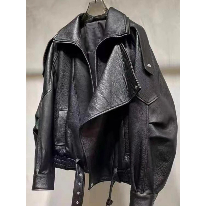 Cross-Border New Special Price Leather Motorcycle Jacket Loose Leather Jacket 2025 New Style Oversized Double-Layer Collar Short Coat for Women