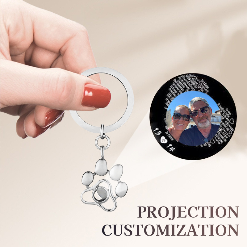 Dog Paw Keychain 100 Languages I Love You Nano Projection Color Picture Photo Text Titanium Steel Pendant Wholesale