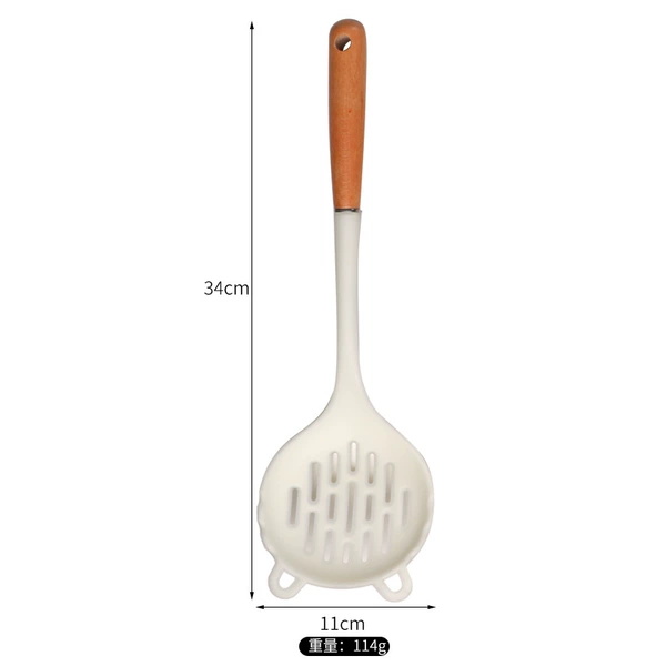 Semi-transparent white silicone colander with wooden handle