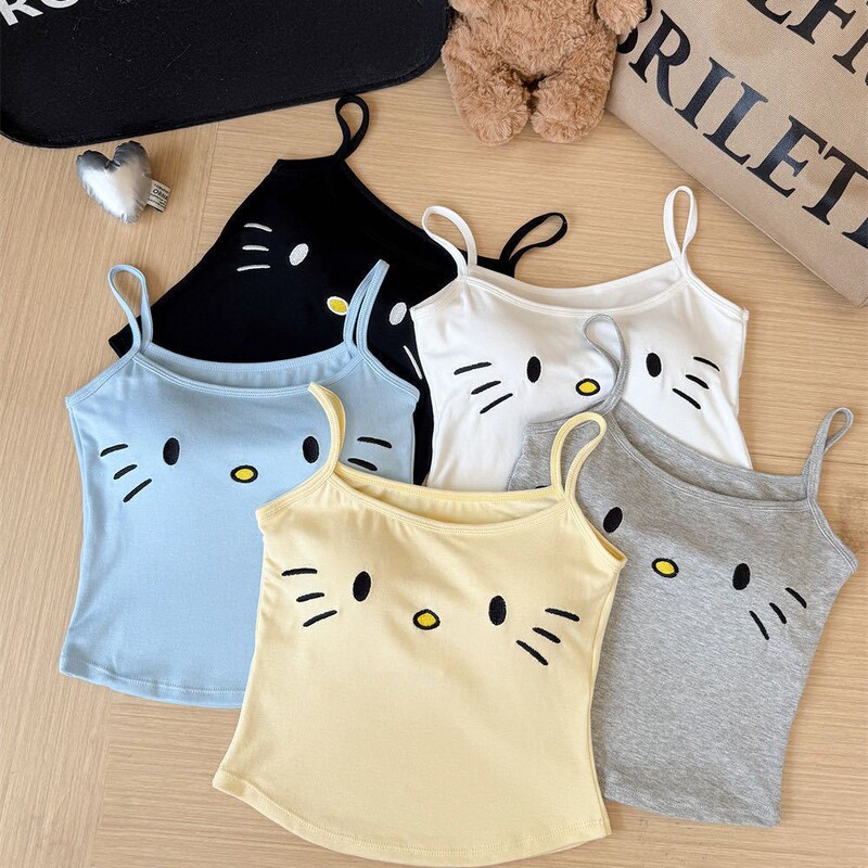 Cute Kitty Embroidered Camisole with Chest Pads, Slim Fit Sleeveless Top for Outerwear or Layering, New Style