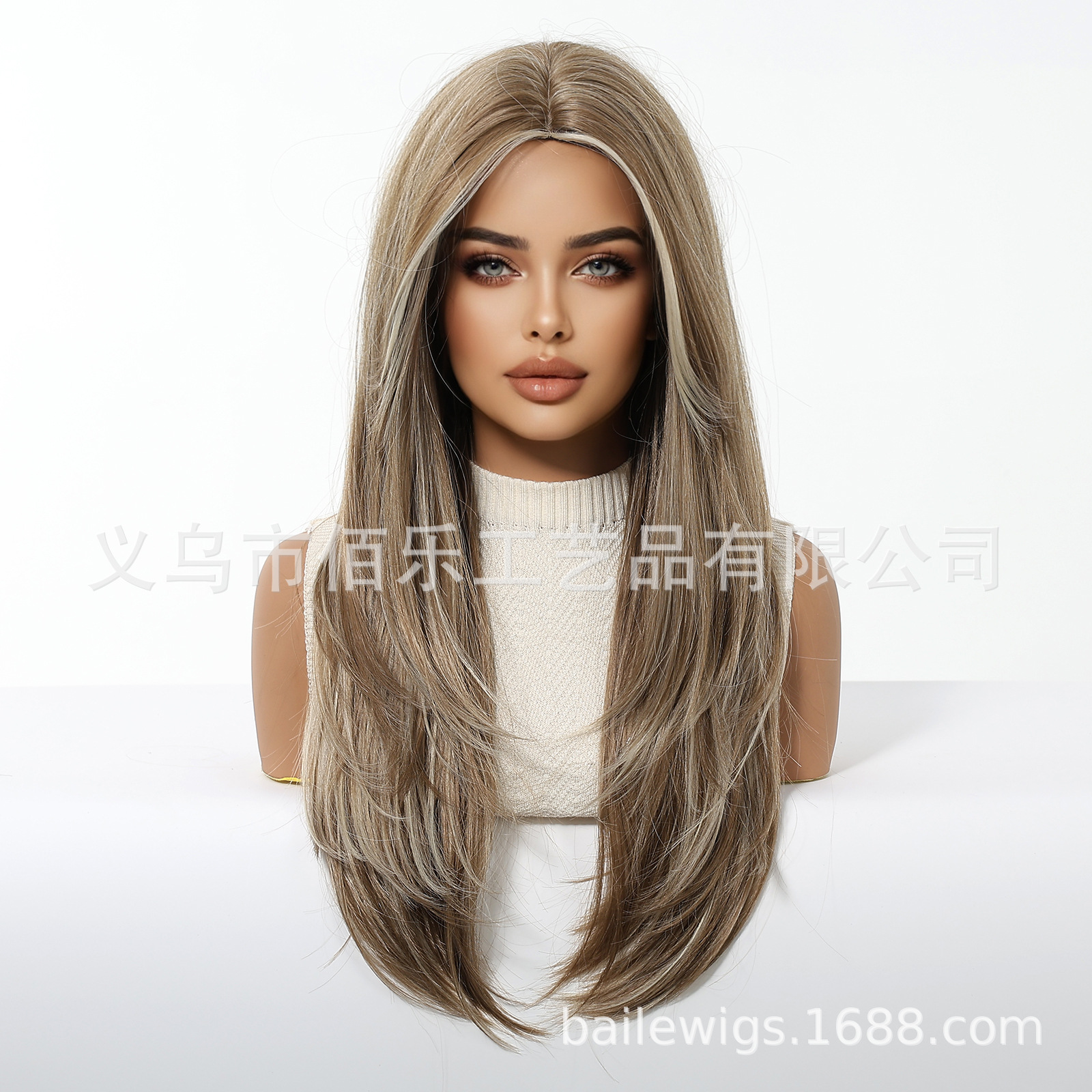 Peluca nueva de color marrón claro, corte medio, capa natural, cabello largo y rizado, casco completo, fibra química europea y americana, moda femenina