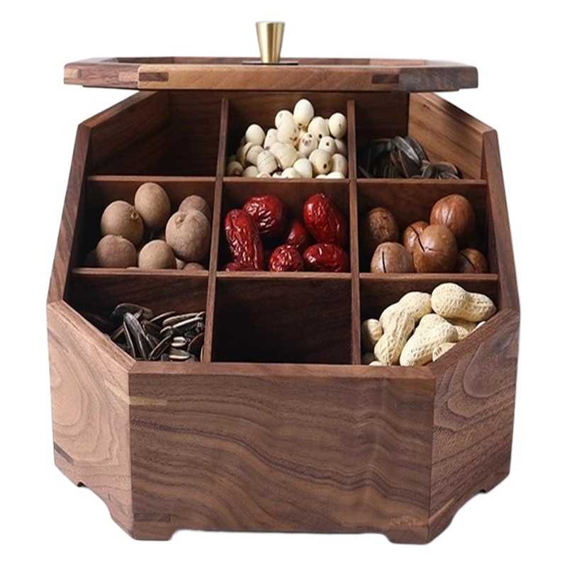 Madera de nogal negro caja de tuerca octogonal rejilla de madera maciza con cubierta de vidrio dulce caja de frutas secas Placa de semillas de melón de fruta China