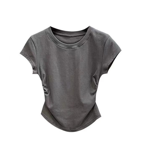 Ins babe pure desire waist-cinch t-shirt short sleeve women's summer solid color basic crew neck top women's fashion