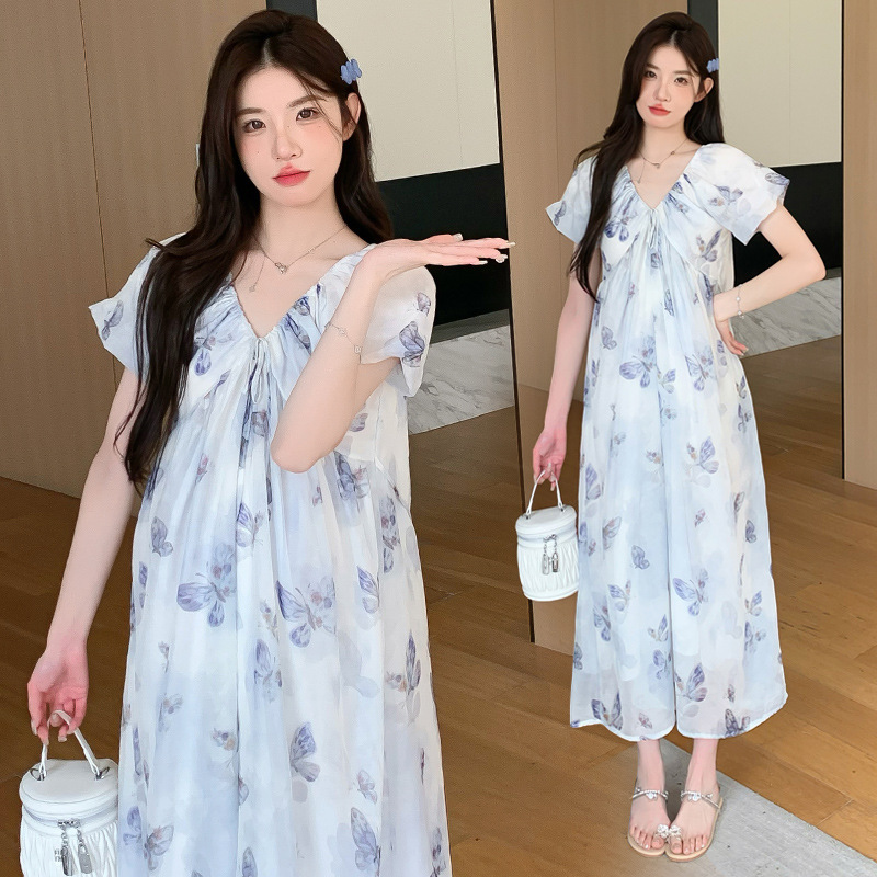 Spot 2025 New Summer Printed V Neck Maternity Wear Large Size Chiffon Maternity Dress French Maternity Dress