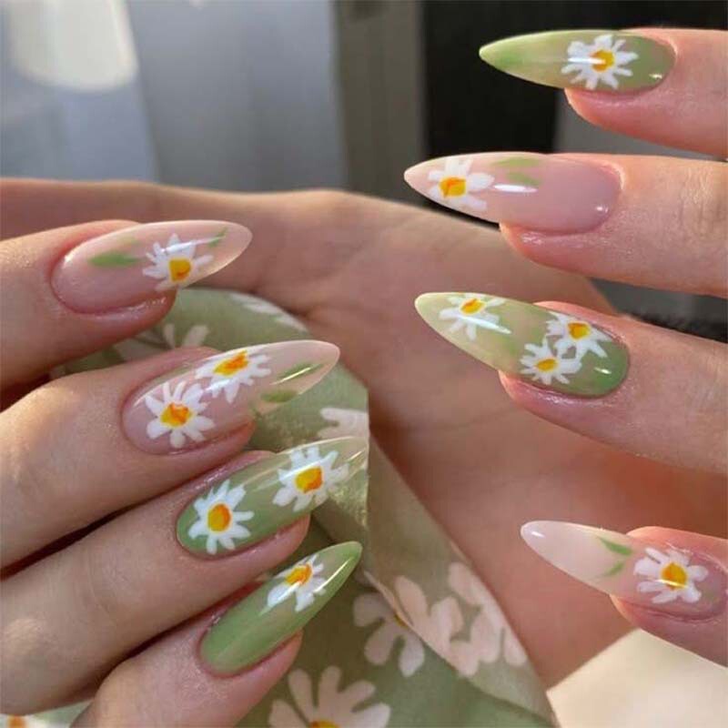 Cross-Border Hot-Selling European and American Short Fake Nails, Sweet, Cool and High-End Daisy Design, Flower Explosion, Solid Color Wearable Nails Cross-Border Hot-Selling European and American Short Fake Nails, Sweet, Cool and High-End Daisy Design, Flower Explosion, Solid Color Wearable Nails