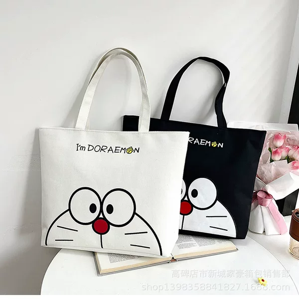 2026 New Cartoon Print Canvas Bag for Women, Large Capacity Shoulder Tote Bag with Zipper Hidden Pocket