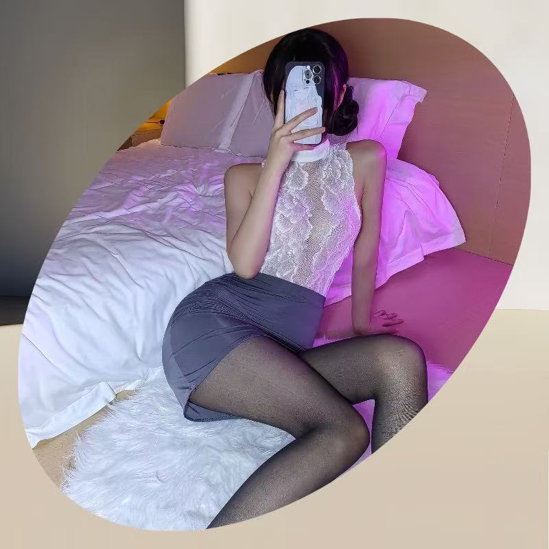 Lace Secretary Roleplay Uniform Set with Ultra-Short Hip Dress and Black Tights — detail image 4