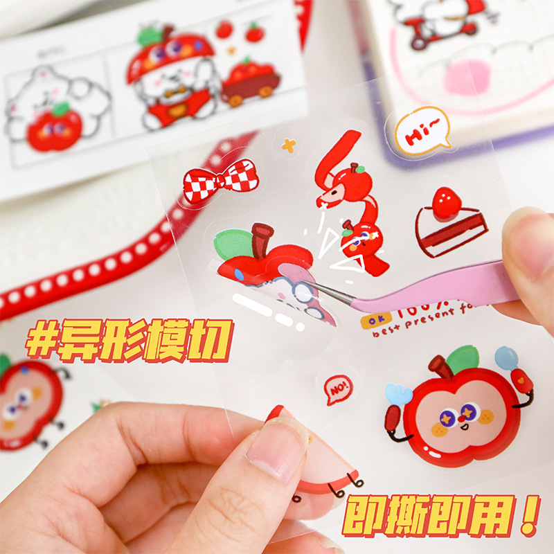 漫画アップルステッカーかわいい透明 PET ステッカー漫画防水ステッカー DIY ハンドブックステッカー携帯電話ウォーターカップ|undefined