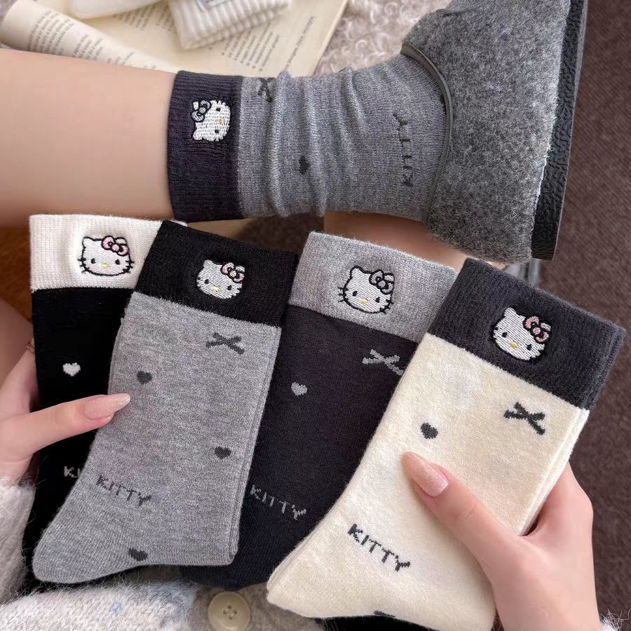 Autumn and Winter Kt Cat Cashmere Socks Women's Mid-Calf Socks Thickeneded Warm Wool Socks 2025 New Gray Stockings