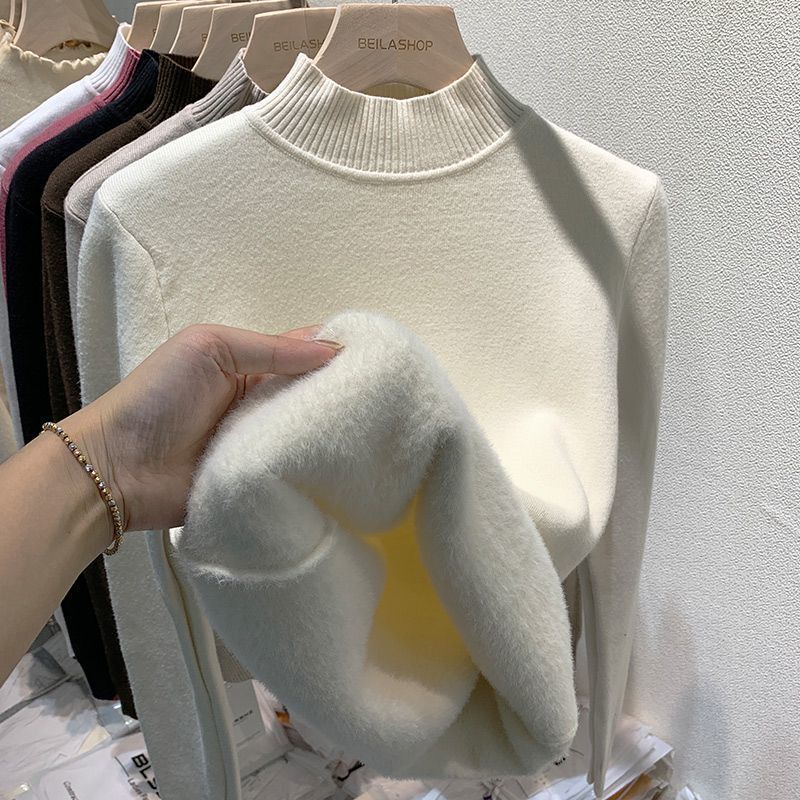 Fleece-lined thick half turtleneck solid color all-match knitted bottoming shirt women's long-sleeved top autumn and winter New style inner sweater fashion Fleece-lined thick half turtleneck solid color all-match knitted bottoming shirt women's long-sleeved top autumn and winter New style inner sweater fashion