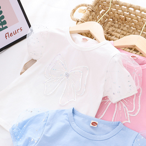 Children's Summer 2024 New Princess Bubble Sleeve Butterfly Knot Sparkling Short Sleeve T-Shirt for Girls