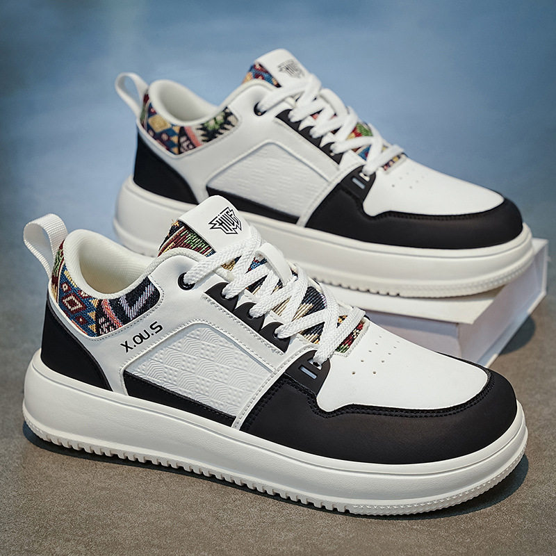 Giày sneaker cổ thấp mũi tròn rộng, đế dày tăng chiều cao, mặt da chống nước, dây buộc — Bạch tửu đỏ 8811, Trắng kaki 8811, Trắng đen 8811