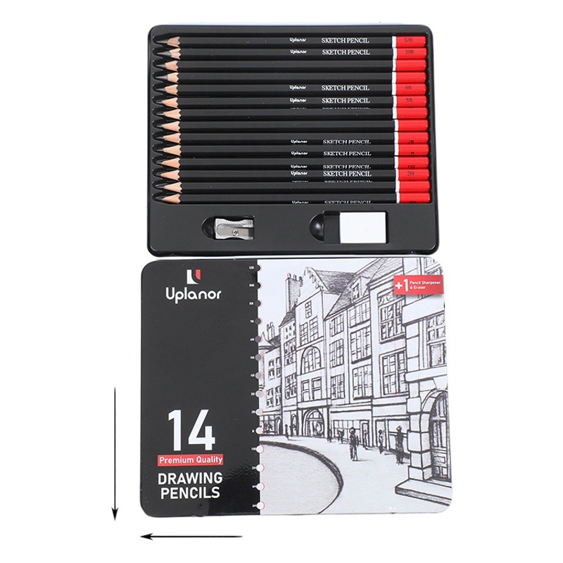 14 Set de lápiz de dibujo (12B-6H) Lápiz de carbón de grafito profesional a granel con goma de borrar Sacapuntas